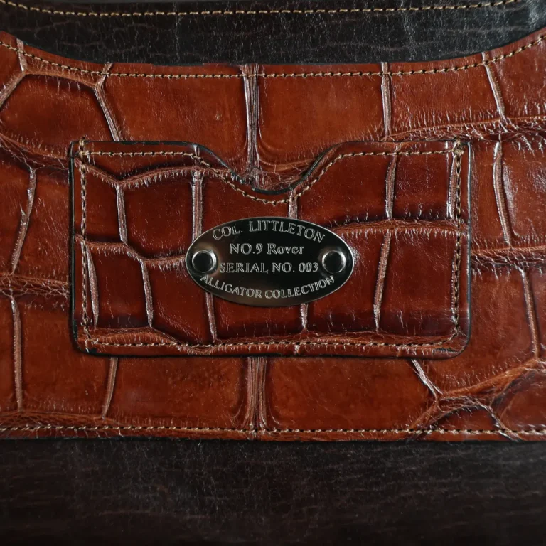 no 9 rover backpack in tobacco buffalo with American Alligator trim - id 004 - front view of serial number