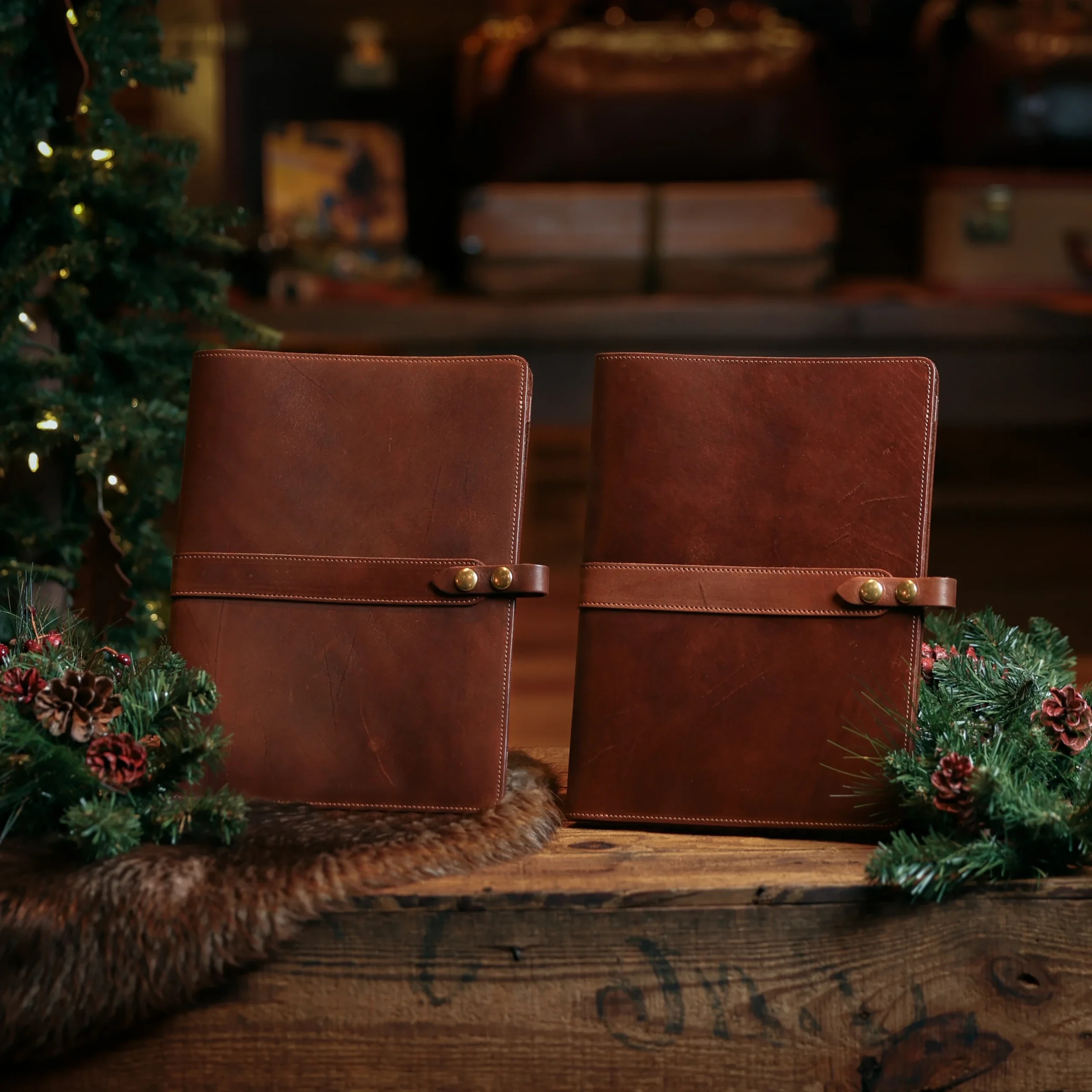 two portfolios set up in a christmas theme