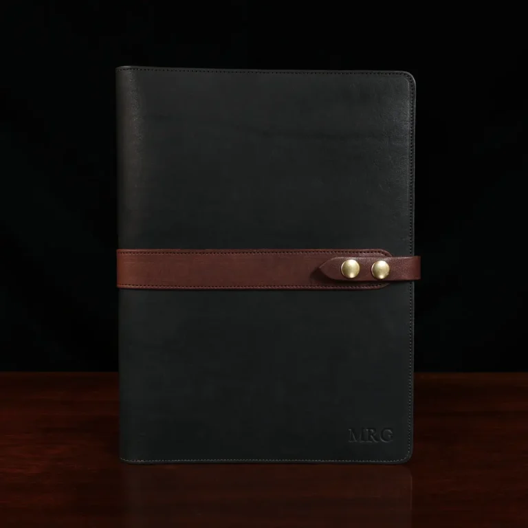 no 18 tablet portfolio in vintage brown and black - front view
