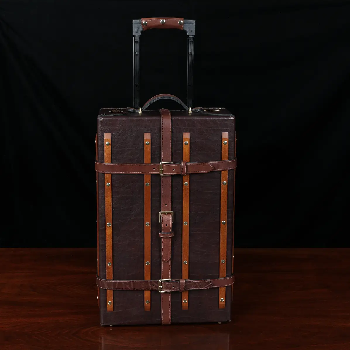 the no. 3 leather travel trunk - front view with handle up