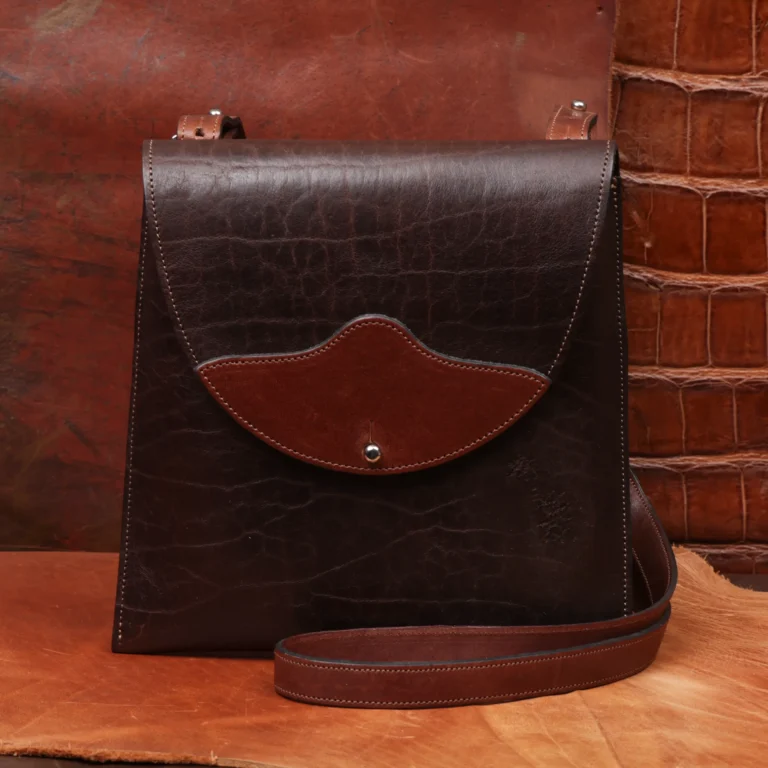 front view of the derby handbag in Tobacco Buffalo American Buffalo