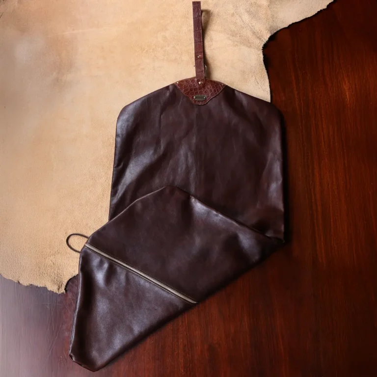 all american buffalo leather garment bag with american alligator trim details on the top
