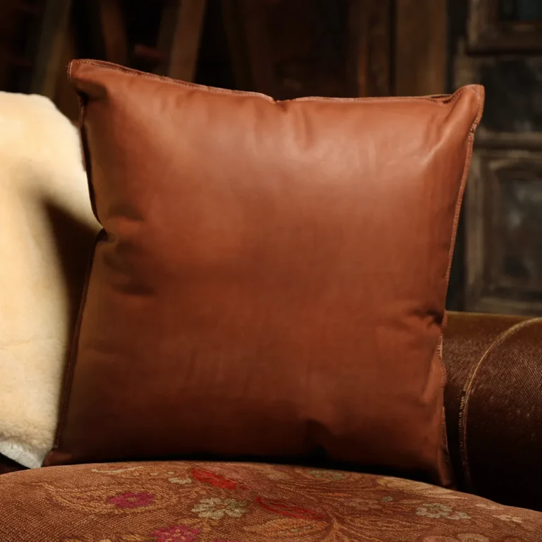 back side of a branded leather pillow