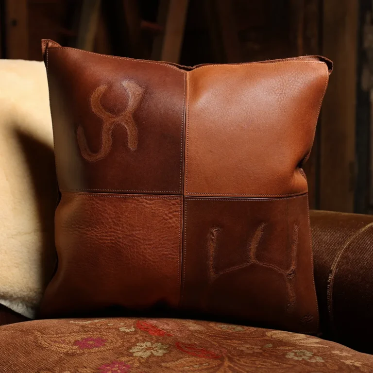front side of a branded leather pillow