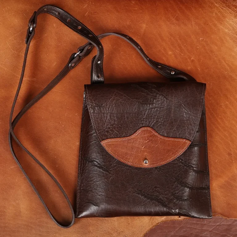 front view of the derby handbag in Tobacco Buffalo American Buffalo