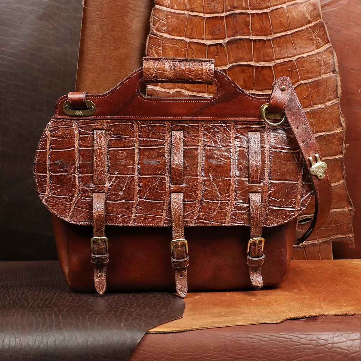 View larger image of No. 1 Saddlebag Briefcase in rugged American Steerhide trimmed with Alligator front view