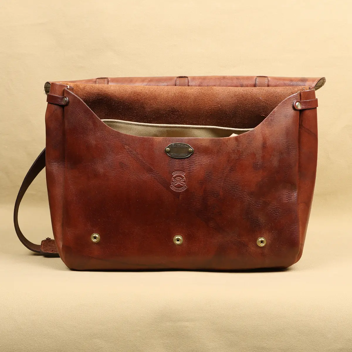 View larger image of No. 1 Saddlebag Briefcase in rugged American Steerhide trimmed with Alligator open
