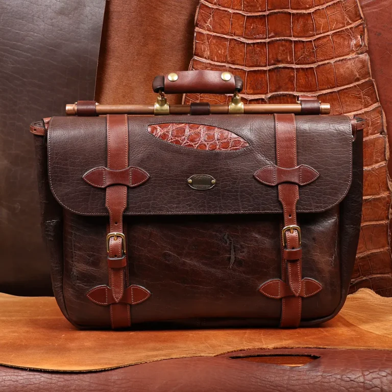 leather messenger bag with american buffalo and american alligator trim in colonels private stock collection