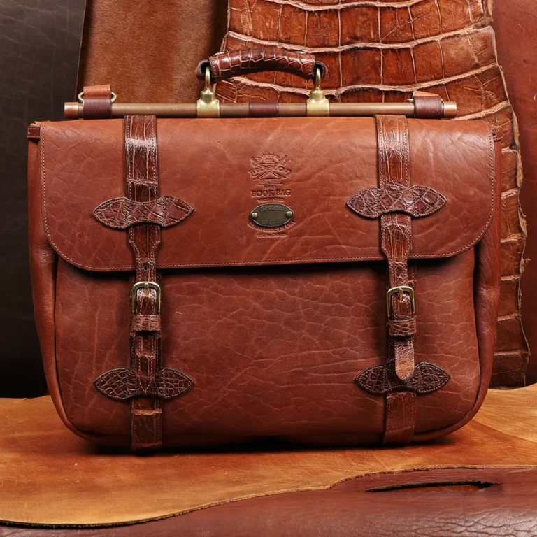leather messenger bag with american buffalo and american alligator trim in colonels private stock collection