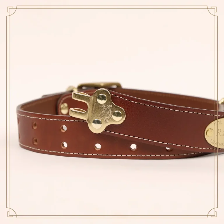 No. 1 Leather Dog collar in Italian Bridle Leather on a white background - showing the hook undone
