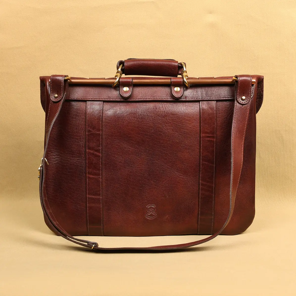 View larger image of back view of the branded american steerhide document bag with strap