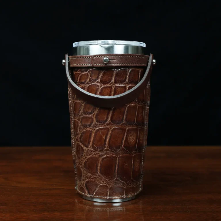 No. 20 Traveler Tumbler Sleeve Set in American Alligator with Tobacco Brown American Buffalo Trim - 20oz stainless steel tumbler - ID 001 - back view on a black background