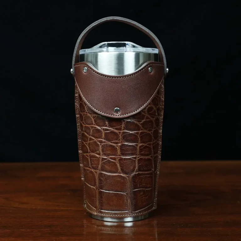 No. 20 Traveler Tumbler Sleeve Set in American Alligator with Steerhide Trim - 20oz stainless steel tumbler - ID 001 - front view on a black background