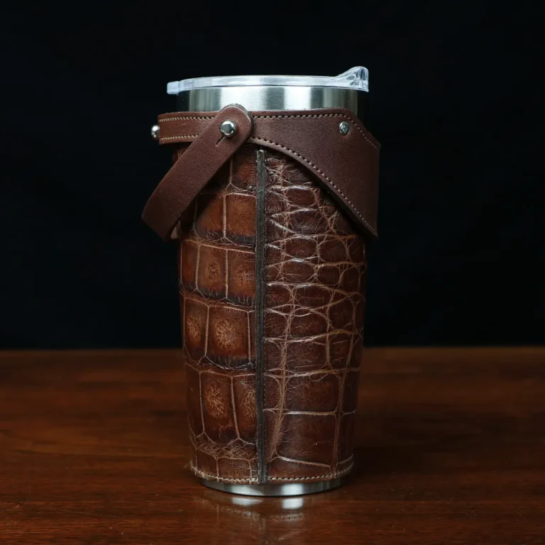 No. 20 Traveler Tumbler Sleeve Set in American Alligator with Tobacco Brown American Buffalo Trim - 20oz stainless steel tumbler - ID 001 - side view on a black background
