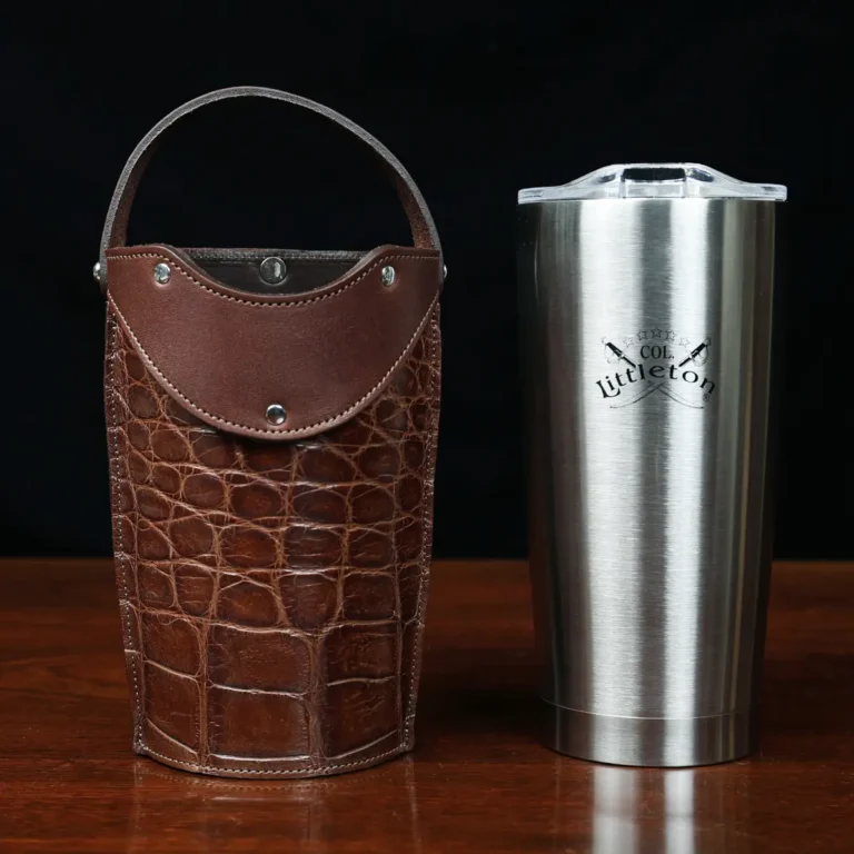 No. 20 Traveler Tumbler Sleeve Set in American Alligator with Tobacco Brown American Buffalo Trim - 20oz stainless steel tumbler - ID 001 - on a black background