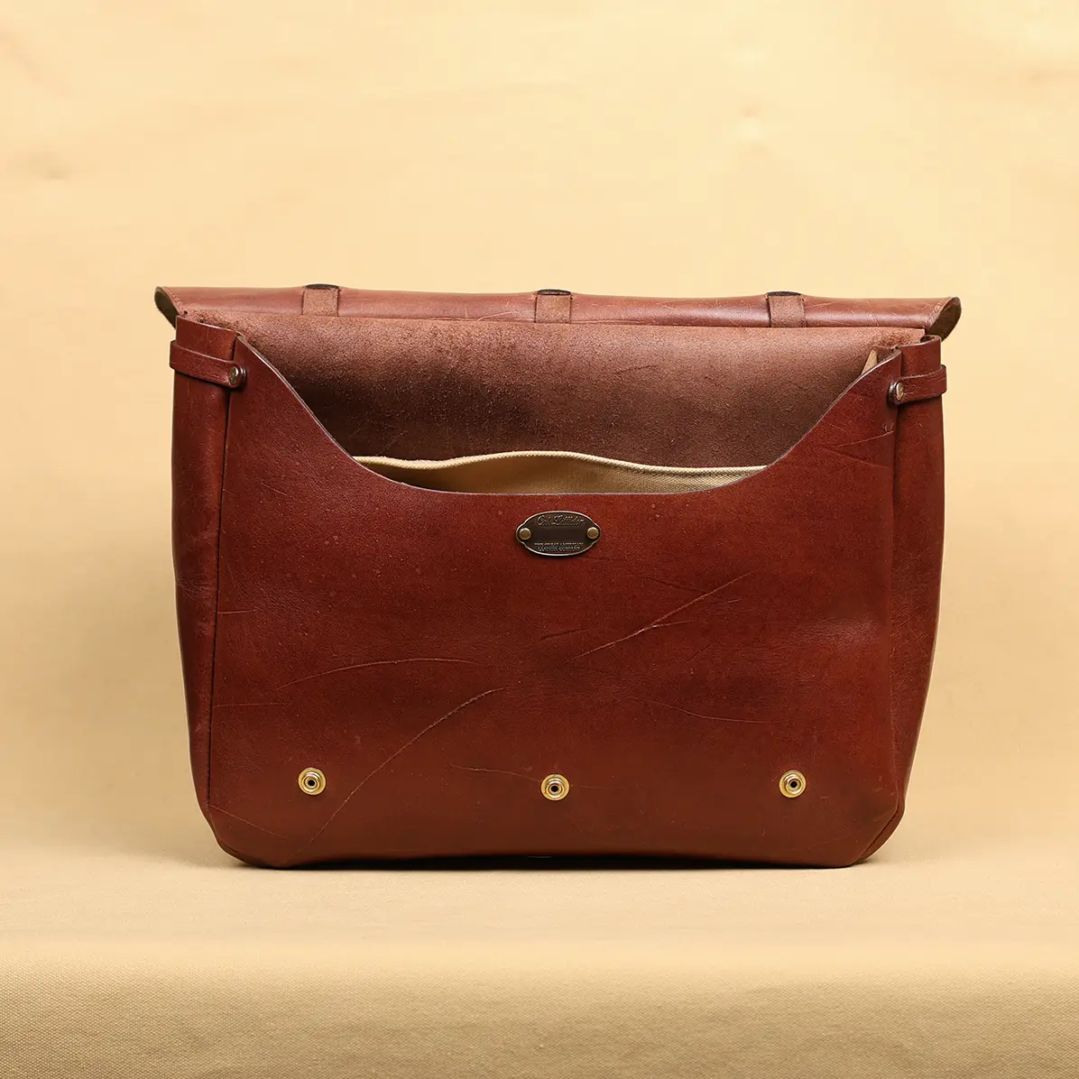 View larger image of No. 1 Saddlebag Briefcase in rugged American Buffalo front open view
